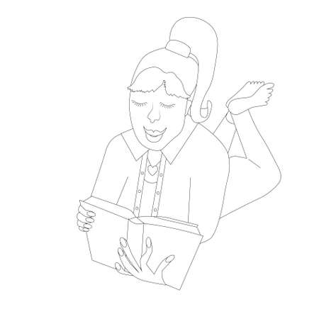 Girl reading a book lying on her stomach monochrome scetch art design element object isolated stock vector illustration for web, for printのイラスト素材