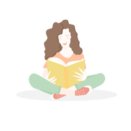 Girl reading book sitting red green close art design element object isolated stock vector illustration for web, for printのイラスト素材