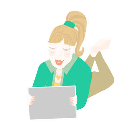 Girl reading a leptop lying on her stomach green yellow brown clouse art design element object isolated stock vector illustration for web, for printのイラスト素材