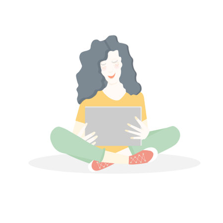 Girl reading laptop sitting yellow green clouse art design element object isolated stock vector illustration for web, for printのイラスト素材