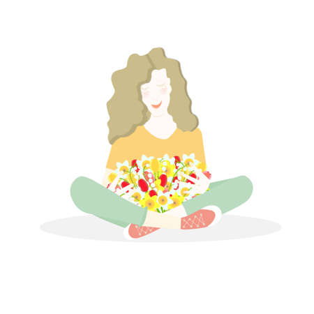 Girl with flowers sitting red green close art design element object isolated stock vector illustration for web, for printのイラスト素材