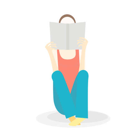 Girl reading book sitting red blue art design element object isolated stock vector illustration for web, for printのイラスト素材