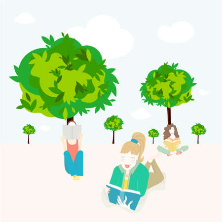 Girl reading book under green tree art flat design element stock vector illustration for web, for printのイラスト素材