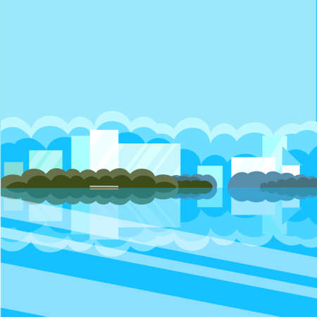 City reflected in river art design elements flat design blue green gray stock vector illustration for web, for print backgroundのイラスト素材