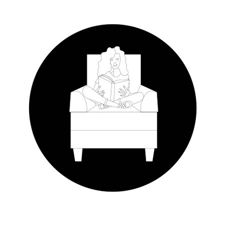 Girl sitting reads on the armchair monochrome on black circle art design stock vector illustration for web, for printのイラスト素材