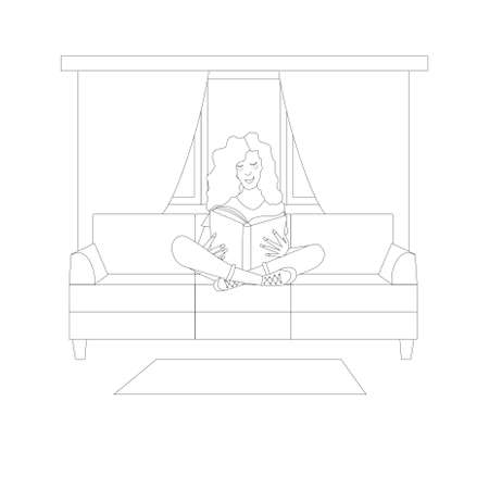 Girl sitting reads on the couch monochrome art design stock vector illustration for web, for printのイラスト素材