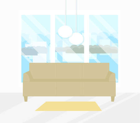 Sofa in front of the window carpet cityscape outside the window art design element flat design stock vector illustration for web, for printのイラスト素材