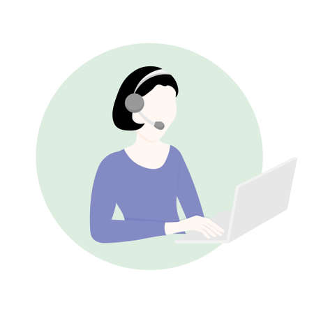 Woman call center operator icon. Woman with microphone and notebook on round background art design stock vector illustration for web, for printのイラスト素材