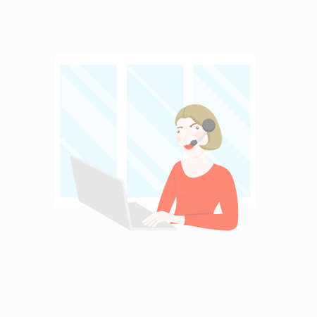 Woman online education. Woman with microphone and notebook on window background art design stock vector illustration for web, for printのイラスト素材