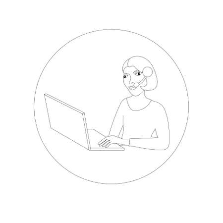 Woman call center operator icon monochrome scetch. Woman with microphone and notebook on round background art design stock vector illustration for web, for printのイラスト素材