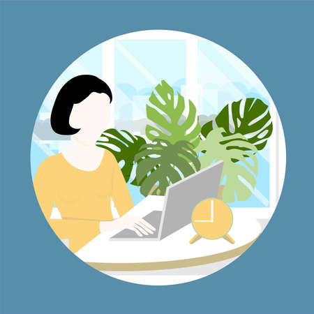 Girl working on a laptop round icon flat design element online work conception stock vector illustration for web, for printのイラスト素材