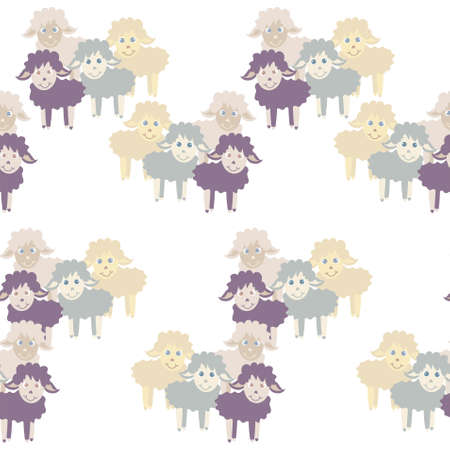Cartoons sheep seamless pattern. Pastel colors beige blue violet farm animal art design elements stock vector illustration for web, for print, for fabric printのイラスト素材