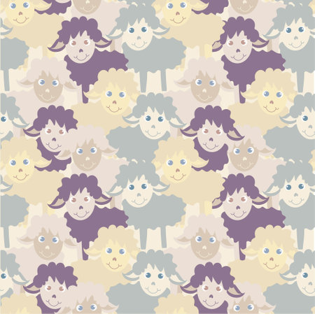 Cartoons sheep seamless pattern. Pastel colors beige blue violet farm animal art design elements stock vector illustration for web, for print, for fabric printのイラスト素材