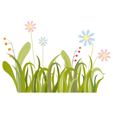 Green grass red berries blue pink flowers nature art design elements stock vector illustration for web, for printのイラスト素材