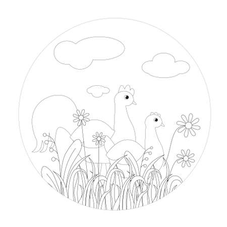 Cheeck and rooster in grass round monochrome banner. Flower leaves art nature design element stock vector illustration for web, for printのイラスト素材
