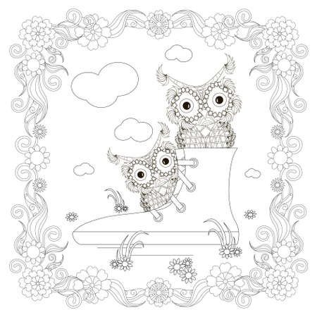 Sneakers with owl in floral frame design element stock vector illustration for coloring book, anti stress page stock vector illustration for web, for printのイラスト素材