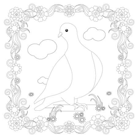 Dove in floral frame design element stock vector illustration for coloring book, anti stress page stock vector illustration for web, for printのイラスト素材