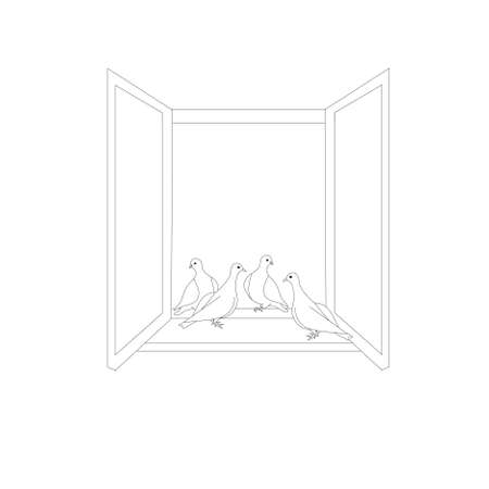 Doves on open window monochrome sketch art design stock vector illustration for web, for printのイラスト素材