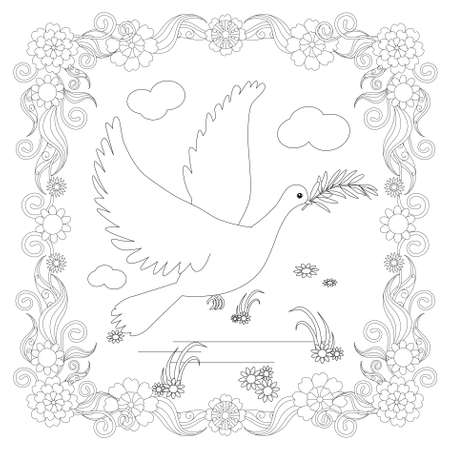 Dove fly with olive branch in floral frame design element stock vector illustration for coloring book, anti stress page stock vector illustration for web, for printのイラスト素材