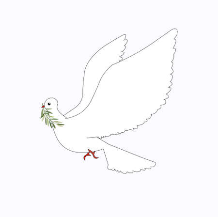 White dove of peace with an olive branch in beak fly. Art design element stock vector illustration for web, for print, for fabric printのイラスト素材
