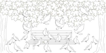 Doves on bench maple tree park monochrome sketch art design elements stock vector illustration for web, for print, for coloring pageのイラスト素材