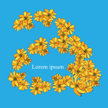 Yellow cosmos on blue background Lorem Ipsum. Flowers art design element stock vector illustration object isolated for web, for printのイラスト素材