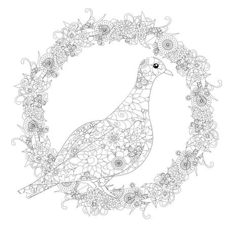 Monochrome doodle hand drawn stylized dove in flowers frame. Anti stress stock vector illustration for coloring bookのイラスト素材