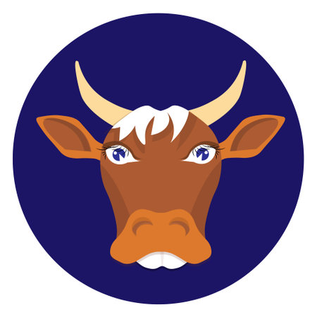 Red cow head on blue round icon farm animal art design element for web, for print, for fabric print, for labe, for product designのイラスト素材