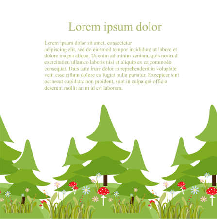 Fir tree forest with flower Fly agaric mushroom hill seamless pattern Lorem Ipsum art design element stock vector illustration for web, for print, for fabric printのイラスト素材
