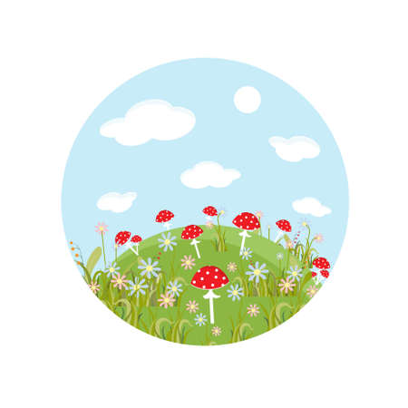 Fly agaric mushroom flower hill round label art cortoons design element stock vector illustration for web, for print, for fabric printのイラスト素材