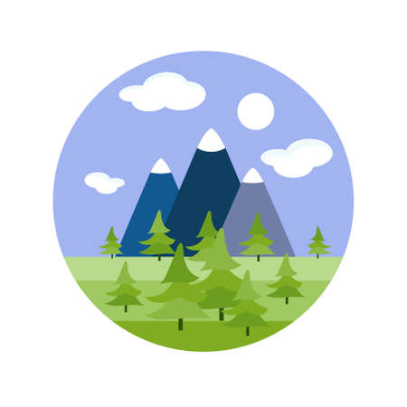 Mountain landscape fir tree round sticker. Blue green nature flat art design stock vector illustration for web, for printのイラスト素材