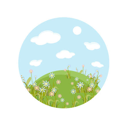 Flower hill round label art cartoons design element stock vector illustration for web, for print, for fabric printのイラスト素材