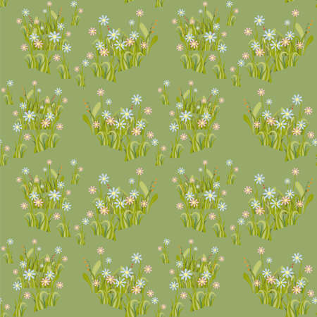Blue pink flower meadow green seamless pattern art design stock vector illustration for web, for print, for fabric printのイラスト素材