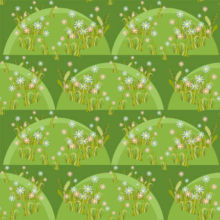Blue pink flower meadow green hill seamless pattern art design stock vector illustration for web, for print, for fabric printのイラスト素材