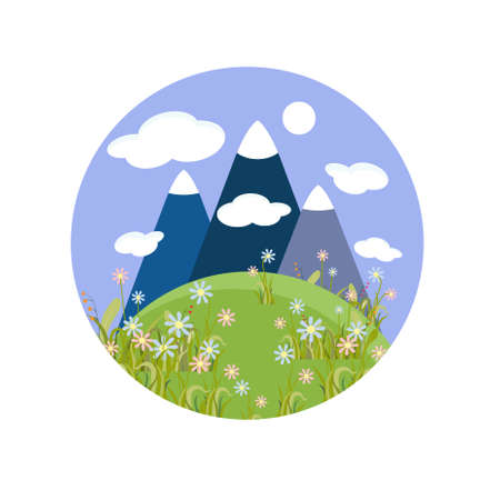 Mountain landscape flower hill round label art cartoons design element stock vector illustration for web, for print, for fabric printのイラスト素材