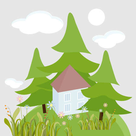 House in fir tree forest flower hill art design stock vector illustration for web, for print, for fabric printのイラスト素材