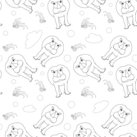Cartoons Hippo flower cloud seamless pattern monochrome sketch art flat design element stock vector illustration for web, for printのイラスト素材