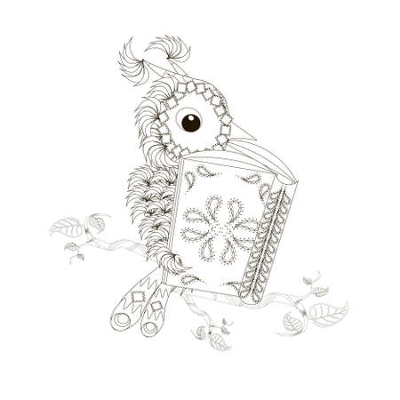 Cartoons monochrome owl read book art design stock vector illustration for coloring book, for web, for printのイラスト素材