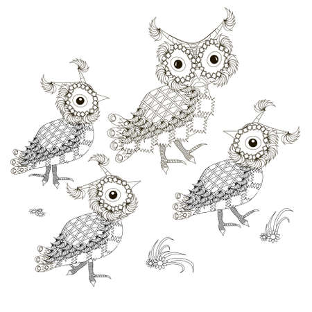 Cartoons monochrome owl family art design stock vector illustration for coloring book, for web, for printのイラスト素材