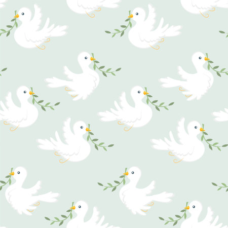 Dove of peace seamless pattern on blue. White dove green olive branch stock vector illustration for web, for printのイラスト素材