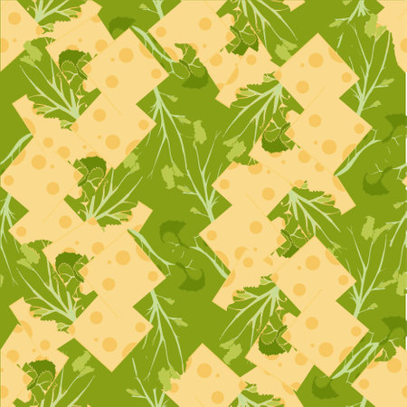 Green lettuce pieces of cheese seamless pattern for web, for print, for fabric print, for restaurantのイラスト素材