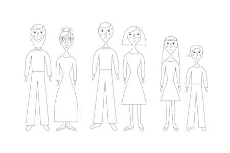 Family stylised monochrome sketch. Cute grandmother grandfather mother father son daughter thin black line on whiteのイラスト素材