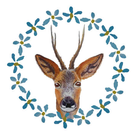 Deer in blue flower wreath on white watercolor cute animal stock vector illustration for web, for printのイラスト素材