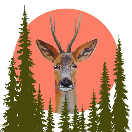 Deer in fir forest coral sunset. Watercolor forest cute animal object isolated for web, for print stock vector illustrationのイラスト素材