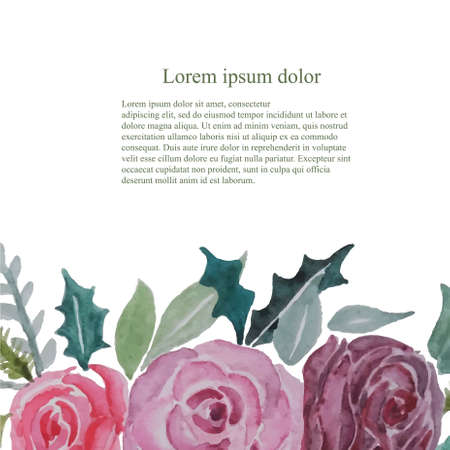 Pink rose green leaves watercolor art design elements stock vector illustration Lorem Ipsum, for web, for print floral object isolationのイラスト素材