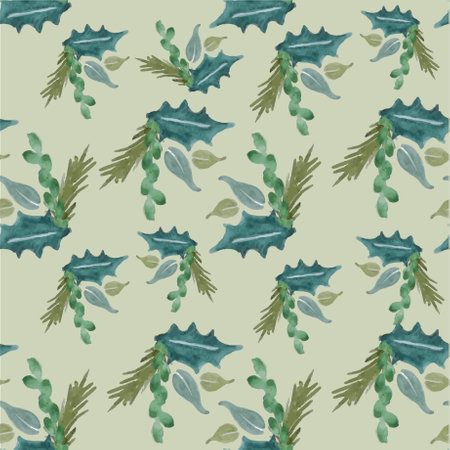 Holly and fir watercolor seamless pattern on gray art design stock vector illustration for web, for print, for fabric printのイラスト素材