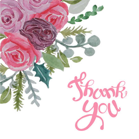Thank you watercolor pink rose banner art design stock vector illustration for web, for printのイラスト素材