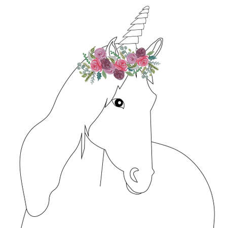 Unicorn in rose wreath monochrome sketch art design stock vector illustration for web, for print, for coloring pageのイラスト素材