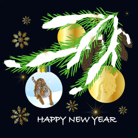 Happy New Year banner. Tiger Wild animal on gold ball fir tree snowflake on blak art design stock vector illustration for web, for print, winter holiday postcardのイラスト素材