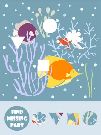 Cute cartoon fish. Complete puzzle, find missing parts of the picture. Game for kids. Stock vector illustration for web, for printのイラスト素材